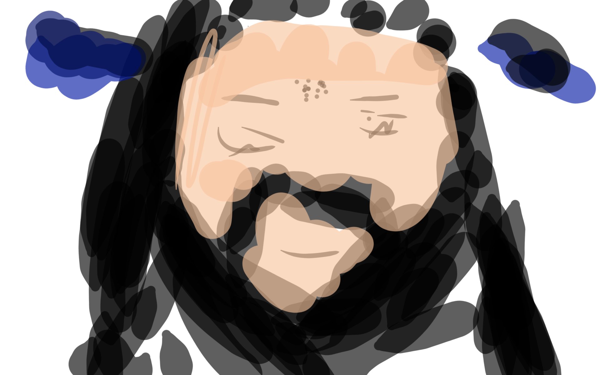 A tablet drawing by Erwin: a man with long dark braided hair, a full beard and closed eyes, with two blue shapes either side of his head.